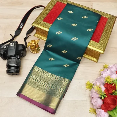 Teal Green Gold Zari Butta Fusion Soft Silk Saree